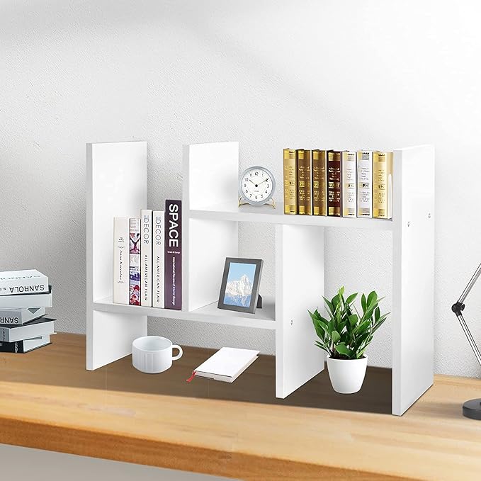 J.M.Deco Desktop Organizers and Storage for Office, Adjustable Desktop Organizer Shelves Double H Display, Desktop Shelf Organizer True Natural Stand Shelf (White)
