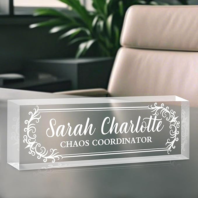 Custom Name Plate for Desk, Personalized Desk Name Plate on Clear Acrylic Glass, Appreciation Gifts for Teacher Employee Boss Coworkers Nurse, Office Desktop Accessories for Women Men (Engraved Thorn)