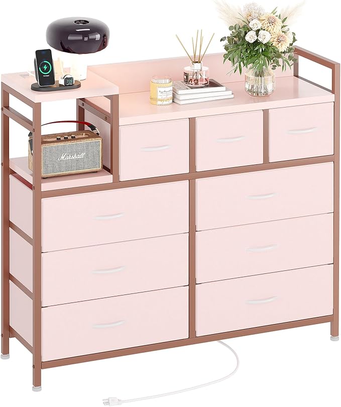 Jojoka 9 Drawer Dresser TV Stand with Charging Station,Modern Entertainment Center for Living Room & Bedroom with Power Outlets, Open Storage Shelves, Pink