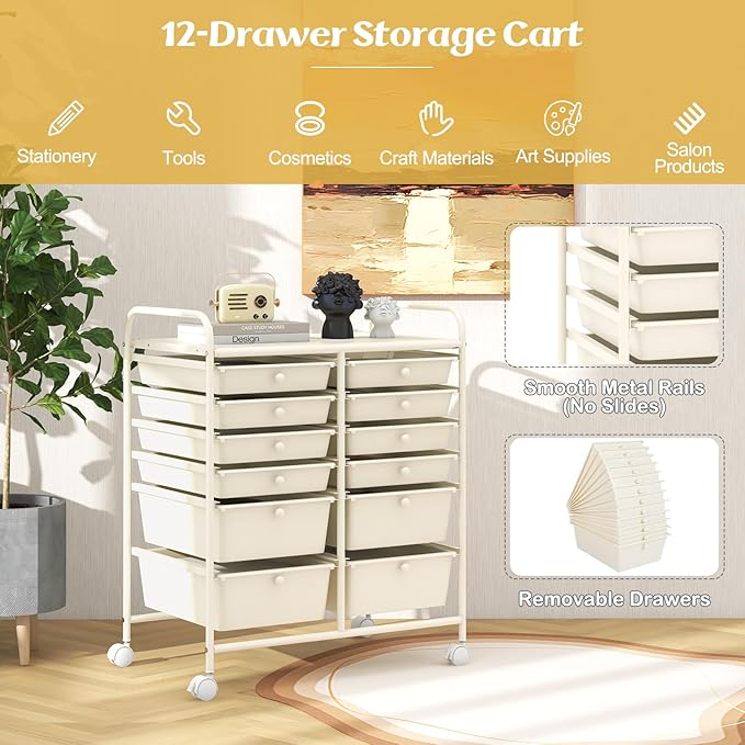GOFLAME 12-Drawer Rolling Storage Cart, Multipurpose Organizer Cart with 2 Sizes Plastic Drawers, Mobile Utility Cart with Lockable Casters for School, Home Office, Beauty Salon, White