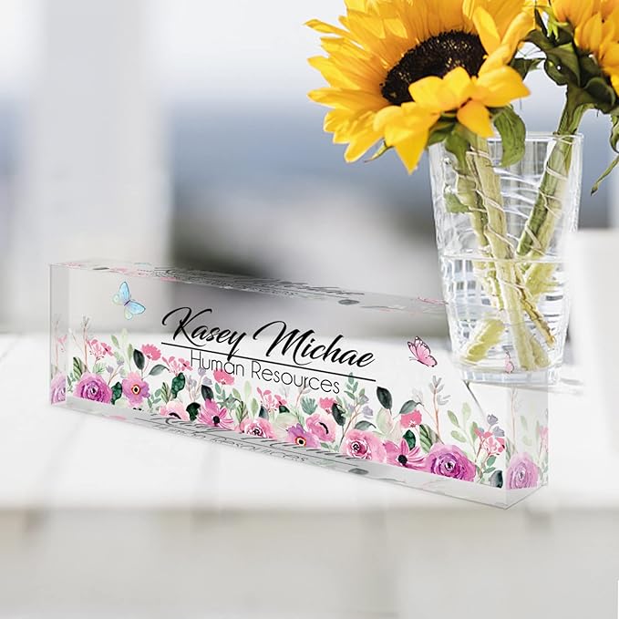 SalaGraphics Desk Name Plate Personalized, Custom for Desk, Office Decor Women Men, Acrylic Accessories, Gifts Coworkers Boss Teacher, Employee Appreciation (Flowers B) 8”(L)x2.5(W)