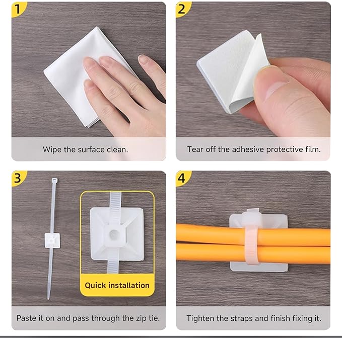 100Pcs Adhesive Zip Tie Mount, 3/4in Cable Tie Mount, Plastic Zip Tie Mounting Squares, Sturdy Zip Tie Sticky Mounting Pads for Desk Cable Organizer (White, 3/4"-100pcs)