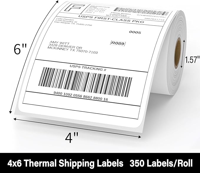 4x6 Thermal Shipping Labels - 1 Roll of 350, Perforated & Strong Adhesive, Direct Thermal Labels Compatible with Rollo, Zebra, for Amazon UPS FedEx Shopify