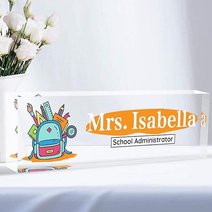 Custom Desk Name Plate Personalized, Acrylic Name Plates for Desk, Office Decor Personalized Gifts for Teacher Coworkers Boss Nurse The Bookbag Explosion