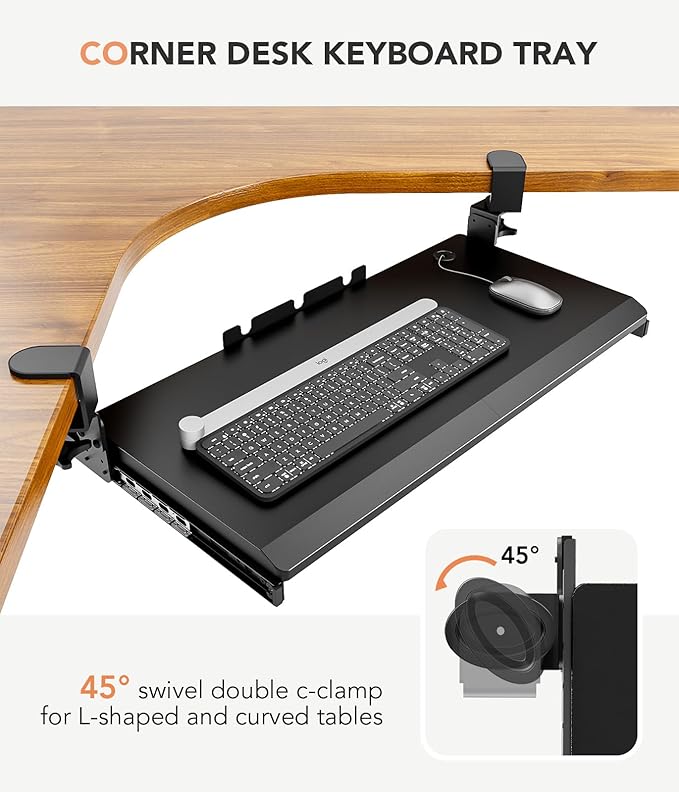 Hemudu Keyboard Tray Under Desk Pull Out with Extra Sturdy C Clamp Mount System, 27.3 (32.5 inch Including Clamps) x 11 Inch Slide-Out Platform Computer Drawer for Typing Black
