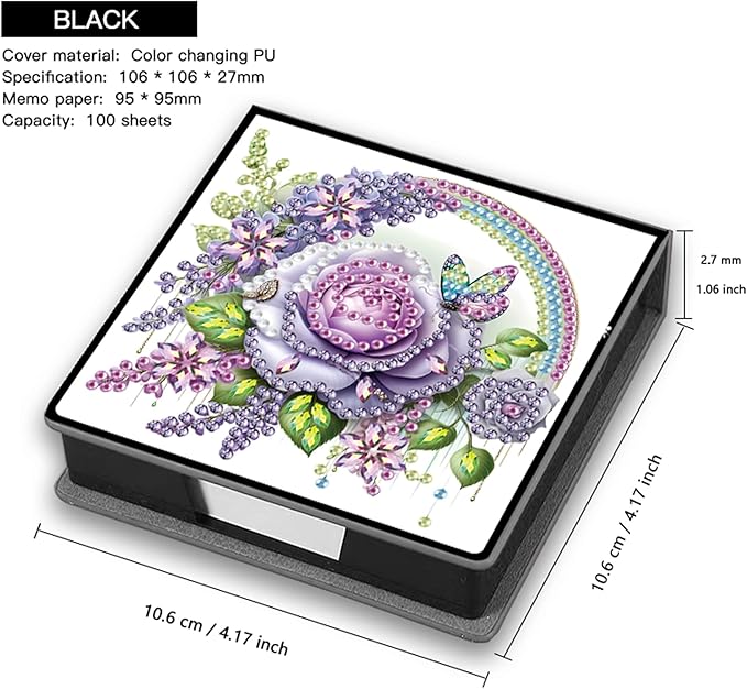 Flower Diamond Painting Note Box Memo Pad Holder, Rose Diamond Art Sticky Notes Organizer for Desk, Aesthetic Stationery Storage Case for Office,School Supplies (Rose)