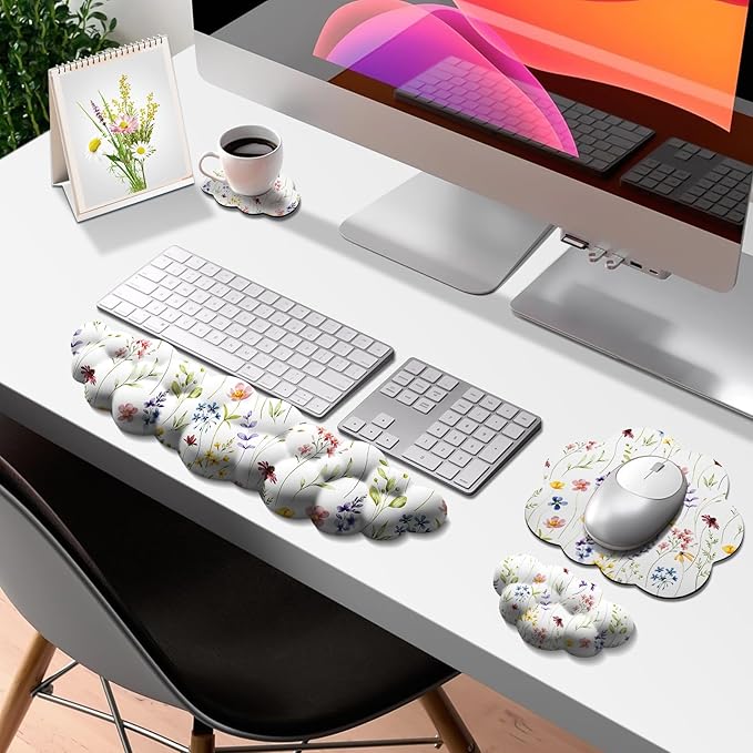 JIKIOU JIKIOU Cloud Wrist Rest Keyboard, Cloud Keyboard Wrist Pad Set with Comfortable Cloth, Cute Arm Rest for Palm Support, PC/Gaming Desk Accessories/Office Setup/Computer White Flowers