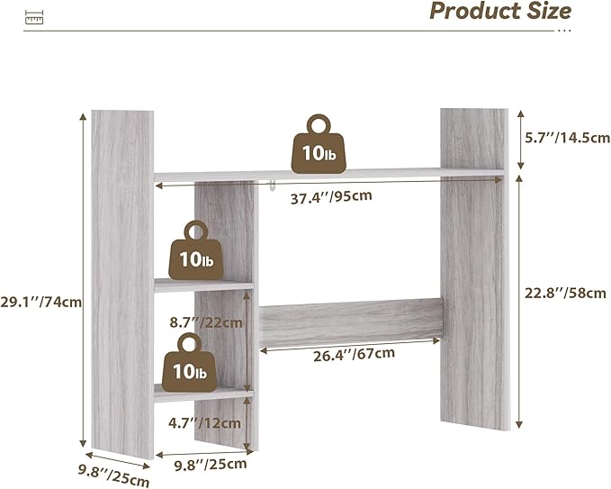 Desktop Bookshelf, Wooden Desk Hutch for Computer Monitor Up to 27'' with 3 Open Storage Shelves, Large 4-Tier Desk Organizer for Dorm Office Home, Wash Grey