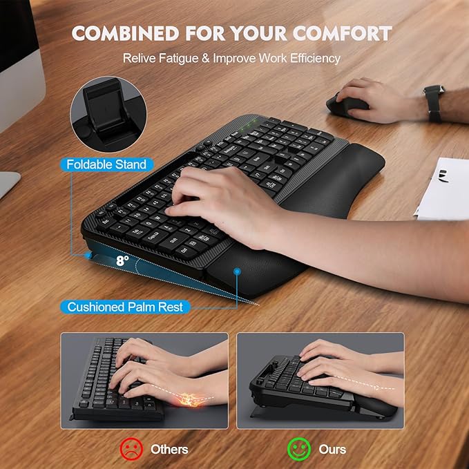 Wireless Keyboard and Mouse Combo, Wave Keys Full-Sized Ergonomic Keyboard with Cushioned Plam Rest, Phone Holder, Comfortable Natural Typing, 2.4G Cordless Set for Computer, Laptop, PC, Mac, Windows