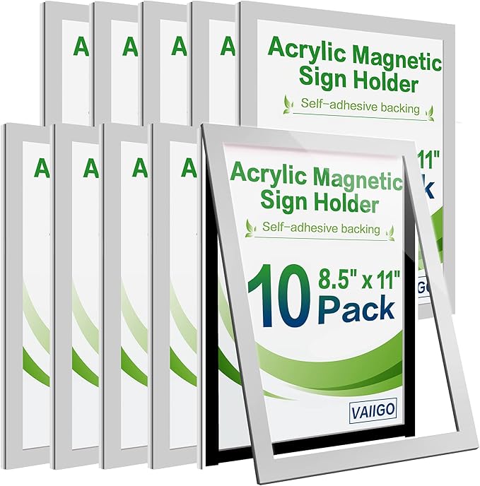 10Pack Acrylic Sign Holder 8.5" x 11" Wall Mount, Self Adhesive Magnetic Display Frame with Tape, Plastic Clear Acrylic Frame for Wall, Office, Store, Home
