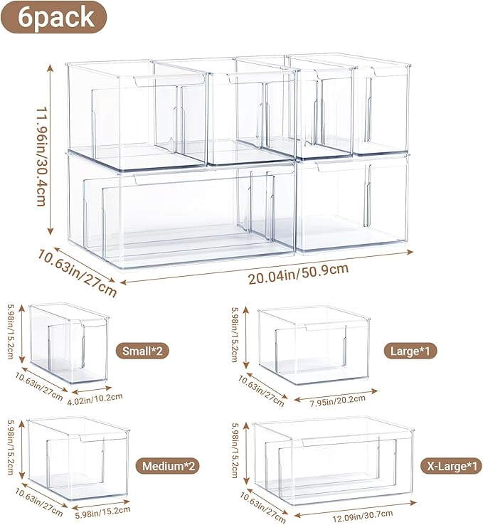 Clear Plastic Storage Bins 6 Pack, Stackable Storage Containers with Dividers, Tall 6" Thicken Storage Drawer Organizer Boxes for Pantry Kitchen Cabinets Fridge Vanity Makeup Craft C6-3