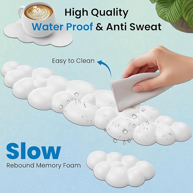 Cloud Keyboard Wrist Rest – Ergonomic Memory Foam Wrist Pad for Computer Keyboard, Comfortable Cloud Mouse Pad, Keyboard Wrist Rest and Cloud Coaster with Non-Slip Base