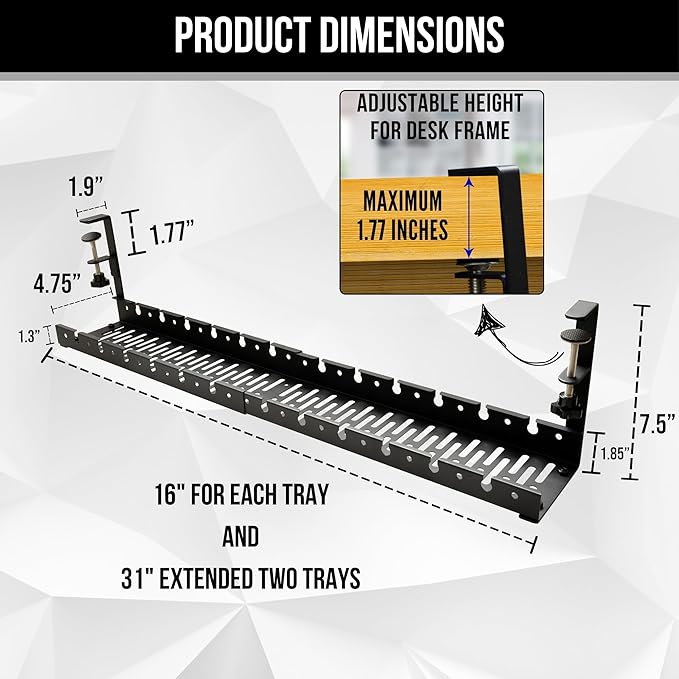 No Drill Under Desk Cable Management Tray - Extendable 16" to 31" Sturdy Steel Desk Cord Hider Raceway - Under Desk Cable Tray Holder with 38 Wire & Cable Rack Organizer Accessories - Black