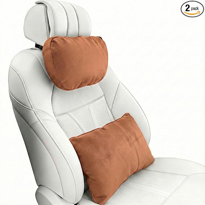 2PCS Car Pillow for Car Neck Pillow for Driving Seat Lumbar Support Soft Cushion with Extra Filling Accessories Back Support for Travel Nap and Trips Sleeping(Brown, Head and Lumbar)