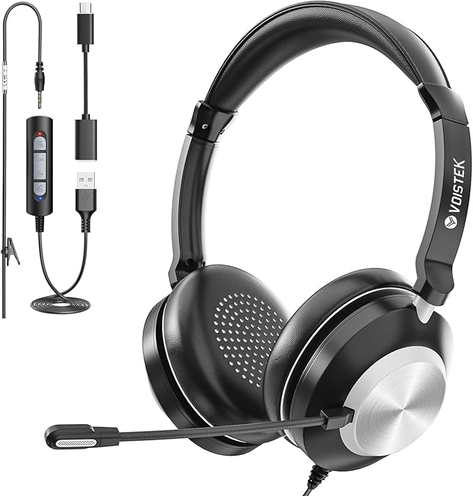 Voistek USB Headset with Microphone for PC & Laptop, On-Ear Computer Headset with Noise Canceling Microphone, in-line Control, All-Day Comfort for Work, Zoom, Teams, Online Meetings & Home Office