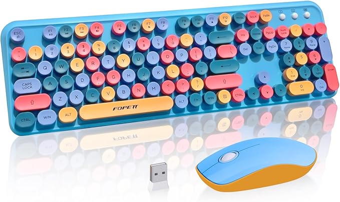 FOPETT Wireless Keyboard and Mouse Combo, 105 Keys Full-Sized 2.4 GHz Round Keycap Colorful Keyboards, USB Receiver Plug and Play, for Windows, Mac, PC, Laptop, Desktop (Blue Colorful)