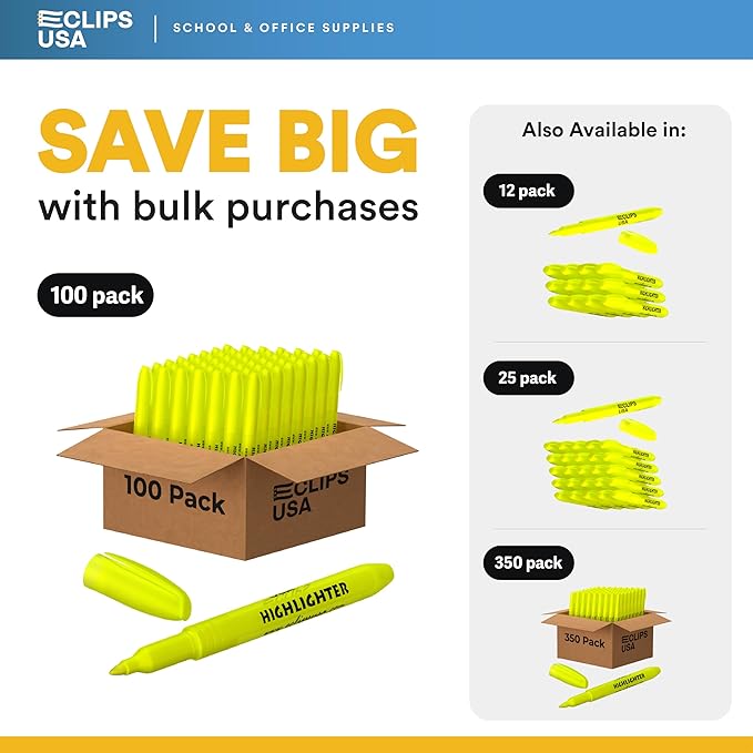 E-CLIPS USA Highlighters Bulk, Slim Yellow Highlighter Markers, Fine Tip, Fluorescent Yellow, Office Supplies, School Supplies (100 Pack)