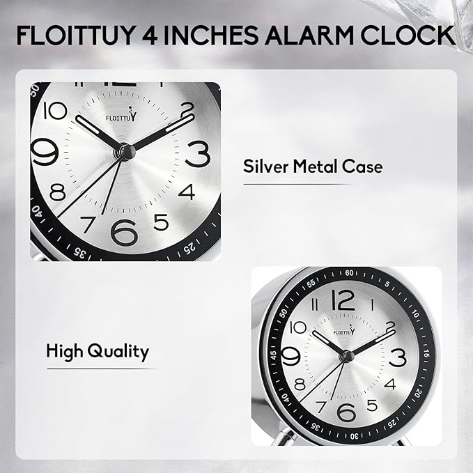 Super Silent Metal Alarm Clock,Beep Wake Round Alarm Clock with Strip Night Light,Battery Operated,Easy Set,Simple & Retro for Desk, Bedroom and Home Decoration(Metallic Silver)