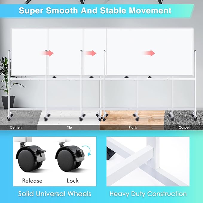 maxtek Rolling Whiteboard 72x48, Large Double-Sided White Board Dry Erase on Wheels, Giant Magnetic White Board Standing for Office, School, Home Office, Homeschool (Sliver)