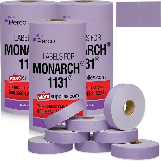 Perco Lavender Pricing Labels for Monarch 1131 Price Gun, 3 Sleeves - Pack of 24 Rolls - 60,000 Price Marking Labels with Ink Rolls Included