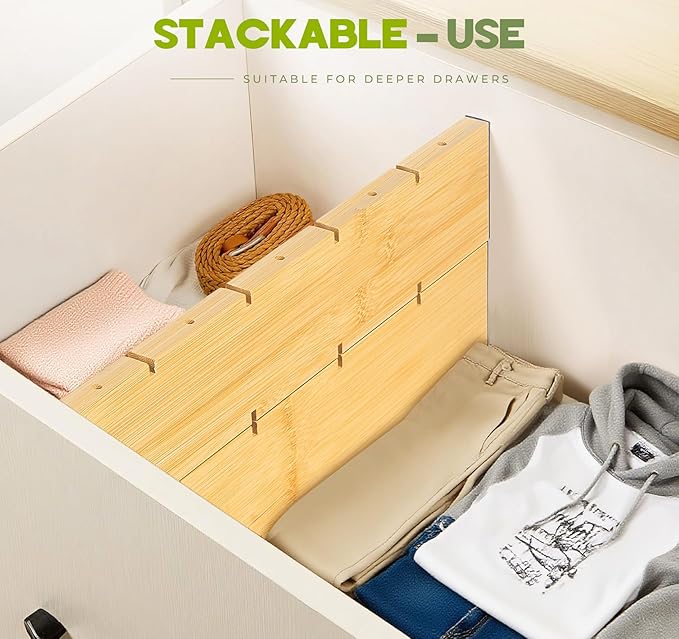 Bamboo Drawer Dividers 4PCS with Inserts, Expandable Kitchen Utensil Drawer Organizers,Adjustable drawer organizer for deep drawers Dresser Closet Underwear Storage Bedroom Bathroom Drawers(16.6"-22")