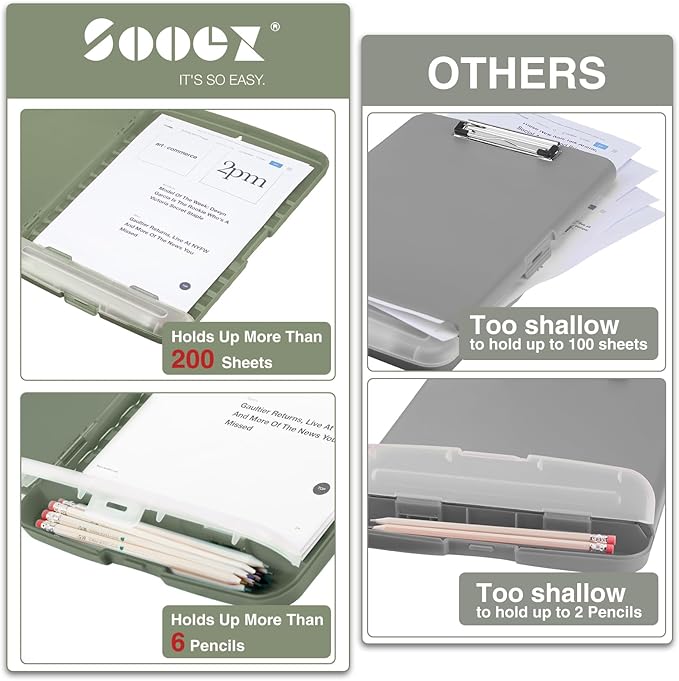 Sooez Clipboard with Storage, High Capacity Nursing Clip Board 8.5 x 11 with Pen Holder & Low Profile Clip, Plastic Clipboards Case Box, Teacher Must Haves School Office Supplies,Letter Size/ A4