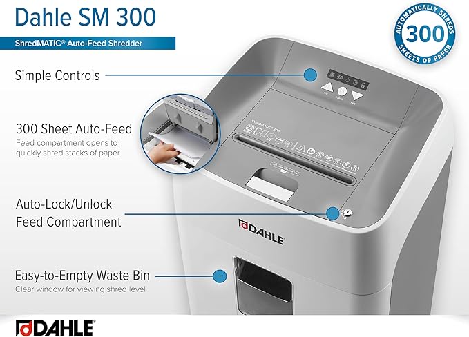 Dahle ShredMATIC SM 300 Auto Feed Paper Shredder, 300-Sheet Capacity, Cross-Cut, P-4 Security, Jam-Free & Oil-Free, Shreds CDs, Credit Cards, Staples & Paper Clips, German Engineered