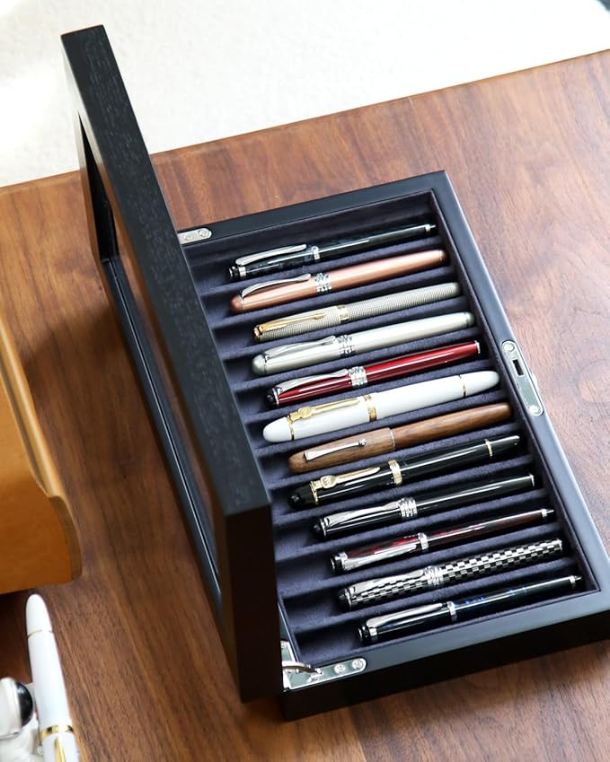 12-Slot Fountain Pen Collector Case – Lockable Wooden Organizer with Glass Display Top, Premium Storage Box for Writing Instruments and Gift for Men