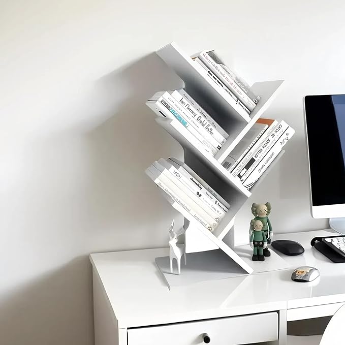 Godferyxin Desk Bookshelf,Small Book Shelf for Desktop,White Floor Standing Bookcase, Wood Book Organizer for Desk,Mini Bookcases Office Home School Shelf Display for Cd/Magazine-White