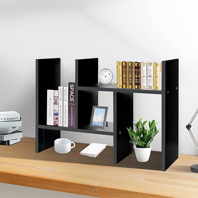J.M.Deco Desktop Organizers and Storage for Office, Adjustable Desktop Organizer Shelf Double H Display, True Natural Stand Shelf, Black