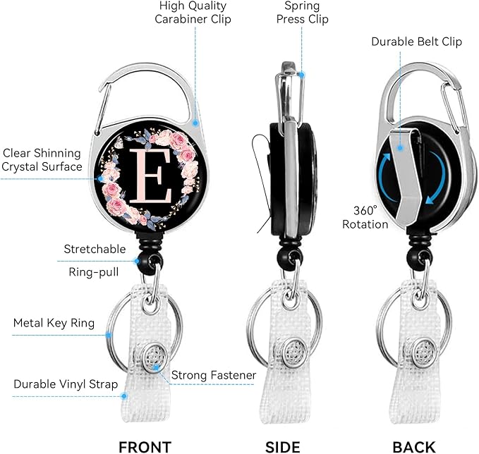 2 Pack A-Z Letter ID Badge Holder with Clip Badge Reels Retractable Heavy Duty,Keychain，ID Holder for School Nurse Office E