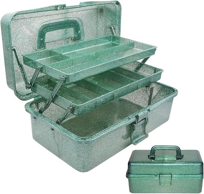 12.2inch 3-Layer Art & Craft Storage Box, Beautiful Sewing Supplies Organizer, Plastic Portable Tackle Boxes, Multipurpose Container for Art Supply Cosmetics Hair Accessories Painting Tools (Green)