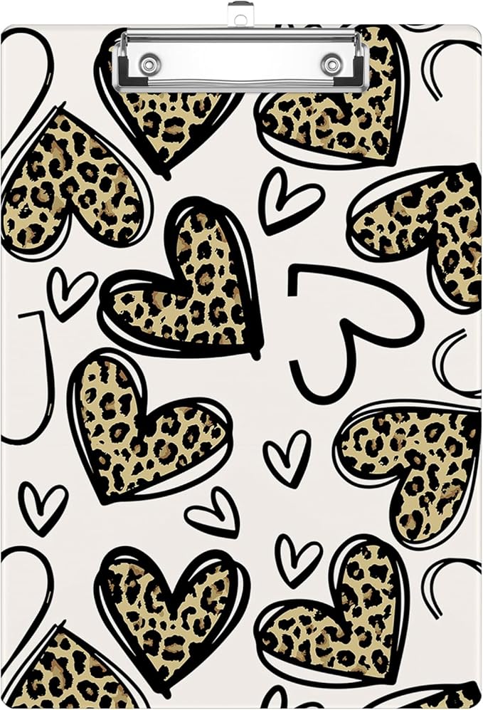 Brown Black Heart Leopard Clipboard Decorative Clip Board with Metal Clip A4 Standard Size 12.5" X 8.7" for Teacher Students Nurses Office