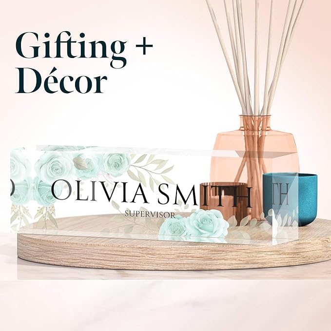 Desk Name Plate Personalized, Custom Name Plates 2½/x8 Inches, Thick Crystal-Clear Acrylic, Gift Box, Office Desk Decor. USA Made by ACRYLUXE (Roses)