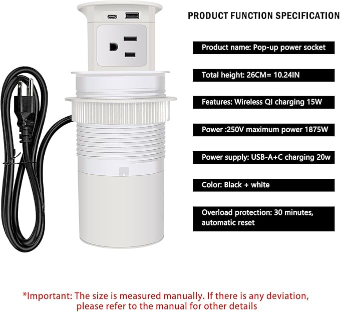 Pop Up Outlet 15W Wireless Charger,with 4 Outlets 1875W USB-C PD20W Super Charging 6.5FT 16AWG Cable 3.86 inch Desk Hole Pop Up Power Outlet for Kitchen Countertop,Office Conference Table (White)