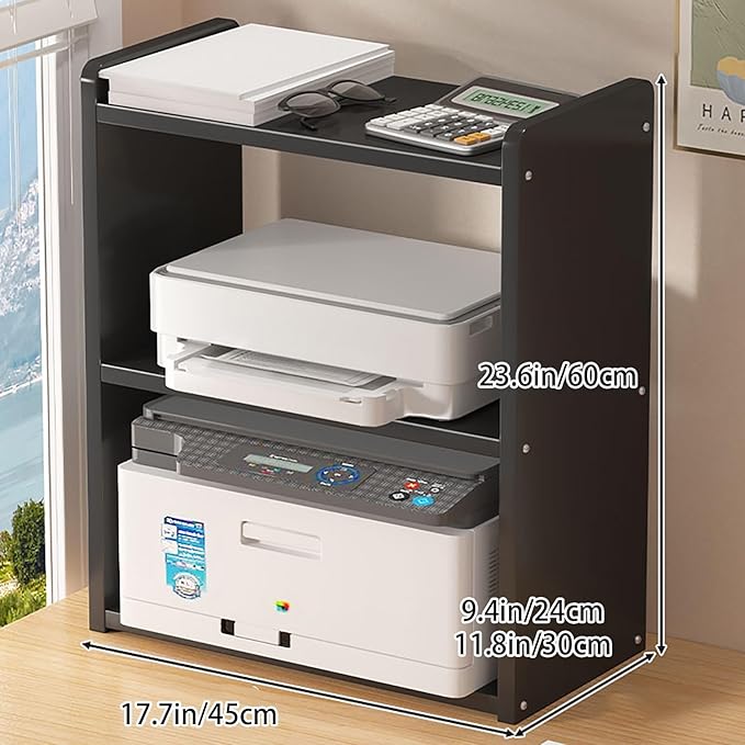 Desktop Storage Rack, Wooden Printer Stand with Compact Under Desk Shelf for Home Office Organization(Black,17.7 * 11.8 * 23.6in)