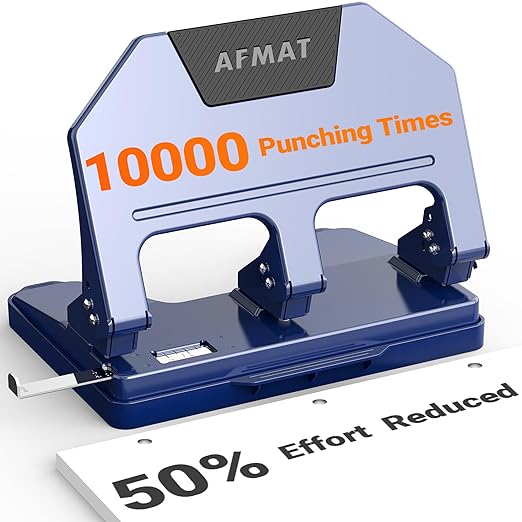 AFMAT 3 Hole Punch, 9/32" Holes, 40-Sheet 3 Hole Puncher for Binder, 50% Reduced Effort, Metal Heavy Duty Three Hole Punch w/ 10,000+ Uses, Bulit-in S.S. Paper Guide, Large Chip Tray, Blue, HPX3