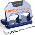 AFMAT 3 Hole Punch, 9/32" Holes, 40-Sheet 3 Hole Puncher for Binder, 50% Reduced Effort, Metal Heavy Duty Three Hole Punch w/ 10,000+ Uses, Bulit-in S.S. Paper Guide, Large Chip Tray, Blue, HPX3