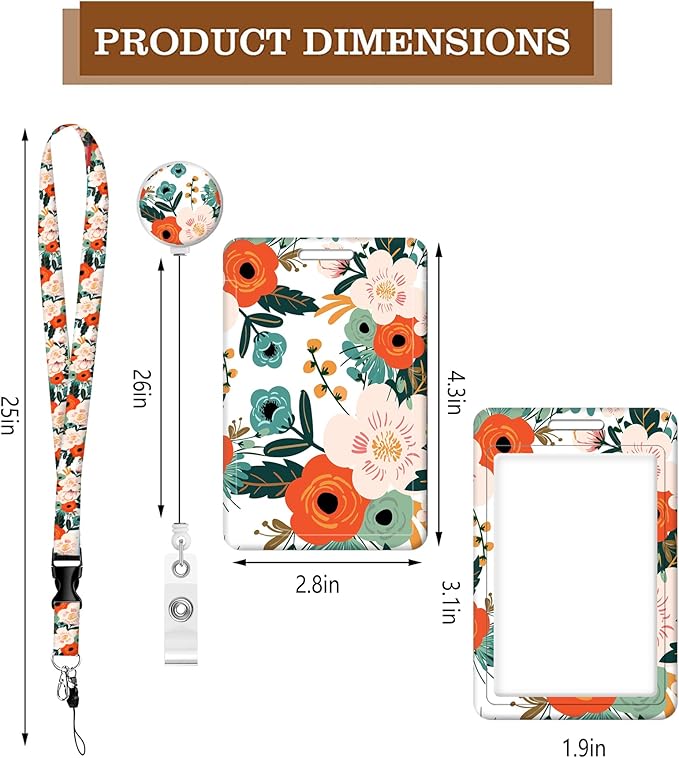 BLOCIT ID Badge Holder with Lanyard - Fashionable ID Card Holders with Retractable Lanyards - Soft Fiber Metal Clip Sturdy Buckle for Key Wallet - Work Nurse Teacher (Cute Orange Flowers)