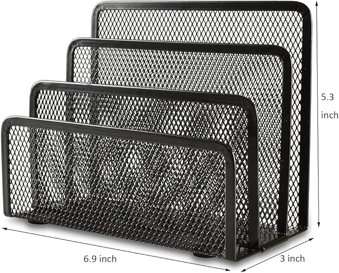 EASEPRES Desk Mail Organizer, Office Small Desktop Metal Mesh Envelope Letter Sorter Paper File Holder Organizer with 3 Vertical Upright Compartments, Black 2 Pack