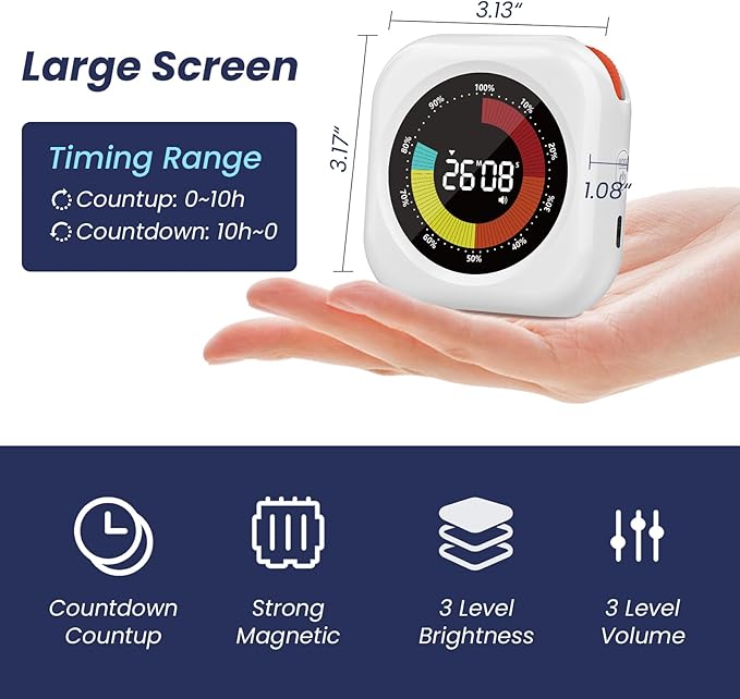 Visual Timer for Kids, 10 Hours Countdown/Up, with Rechargeable, 3 Volume Levels, 3 Brightness Display, and Magnetic, Homeschool Study Tool, Large Digital Timers for Classroom, Kitchen