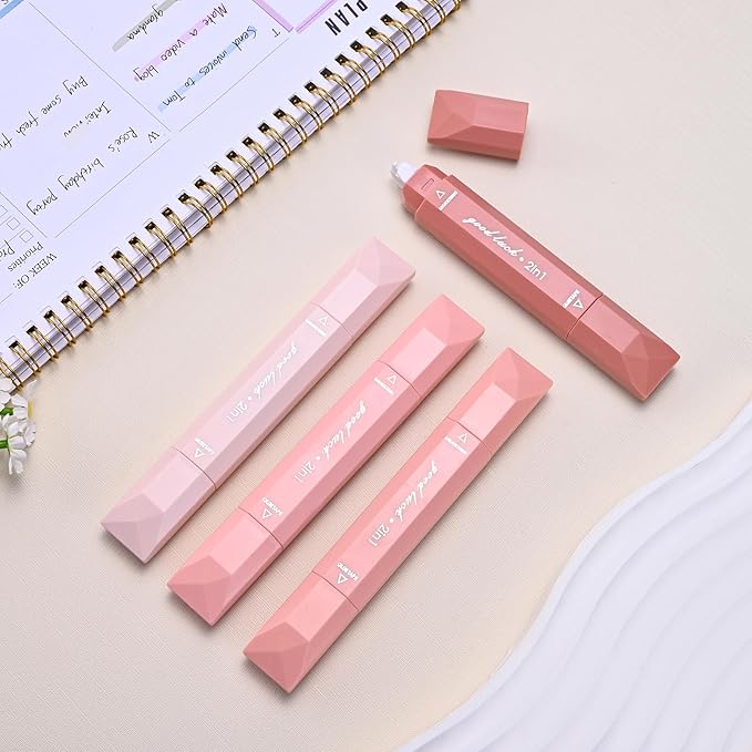 Temiary 4 Pcs 2 in 1 White Correction Tape and Double Sided Roller Set, Aesthetic Smooth Pull Out Tapes with Adhesive Glue Tape Roller Runner for School Office Supplies (Pink)