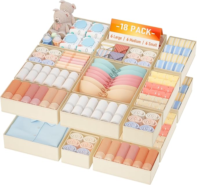 DIMJ Drawer Organizer Clothes Storage- 18 Pack Baby Dresser Organizer for Nursery, Foldable Closet Drawer Organizer Bins for Bedroom Organization, Fabric Storage Dividers for Socks, Underwears, Bras