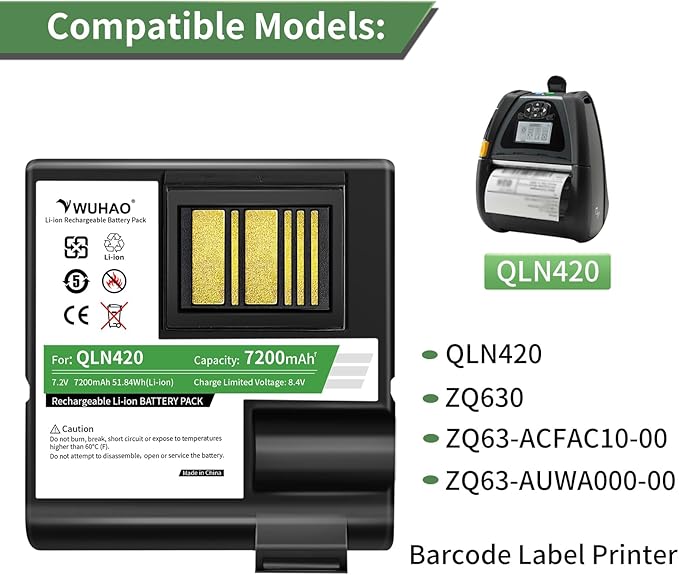 WUHAO QLN420 ZQ630 Battery Upgraded 7200mAh for Zebra QLN420 ZQ630 ZQ63-AUWA000-00 ZQ63-ACFAC10-00 Barcode Label Printer Replacement Battery P1050667-016 BTRY-MPP-68MA1-01