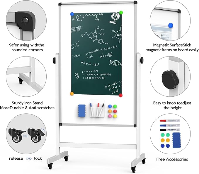 Rolling Whiteboard, 44 x 26 Double Sided Magnetic Dry Erase Board Height Adjustable Whiteboard on Wheels with Sturdy Aluminum Frame for Home Office Classroom