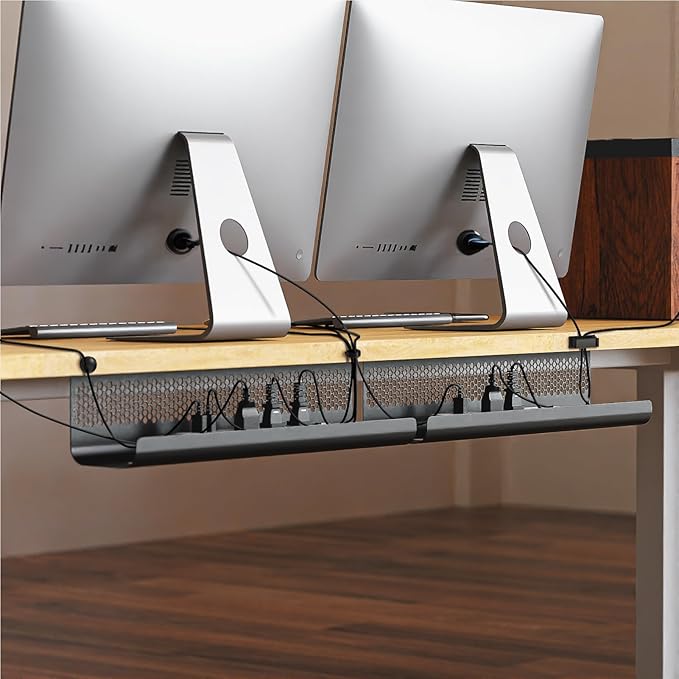 KHAMAL Cable Management Under Desk 26PCS - Cable Management Tray Kit Ventilated Hexagonal Design with Cable Clips, Wire Ties, Cord Holder & Screws for Office, Home (Black)