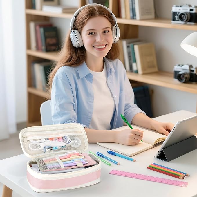 Large Capacity Pencil Case with Zipper, Aesthetic Pencil Pouch, Portable Stationery Organizer Bag for Teen and Adults, Big Pencil Bag for College, Office, Travel - Pink