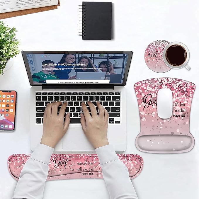 Keyboard Wrist Rest and Mouse Pad Wrist Support Set with Coasters, Bible Verses Psalm 46:5 with Non-Slip PU Base Ergonomic Gaming Mousepad for Computer Laptop Home Office Easy Typing & Pain Relief