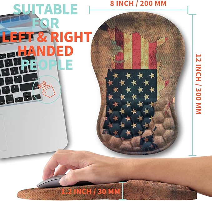 Ergonomic Mouse Pad Wrist Support with Memory Foam Massage Bulge, Carpal Tunnel Pain Relief Mousepad Wrist Rest for Mouse(12x8 inch, USA Flag Map)