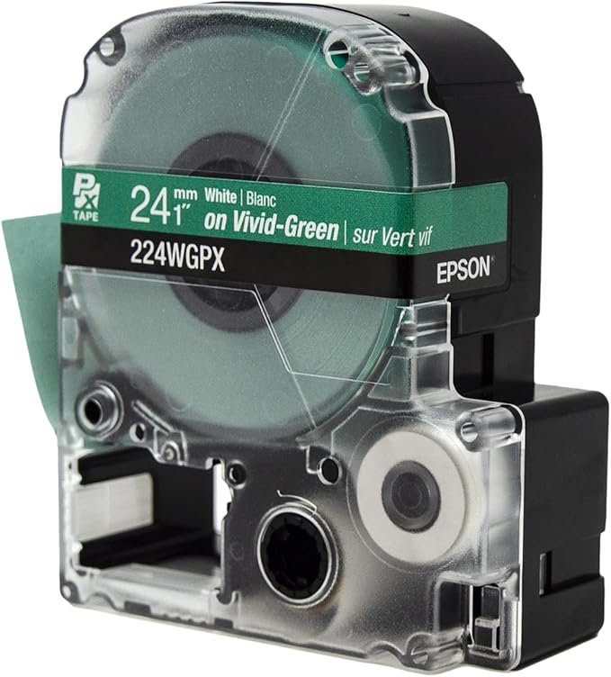 Epson LABELWORKS 224WGPX Genuine PET (Polyester) Tape Cartridge - White on Green Label Maker Tape - 1" (24MM) Wide, 30'